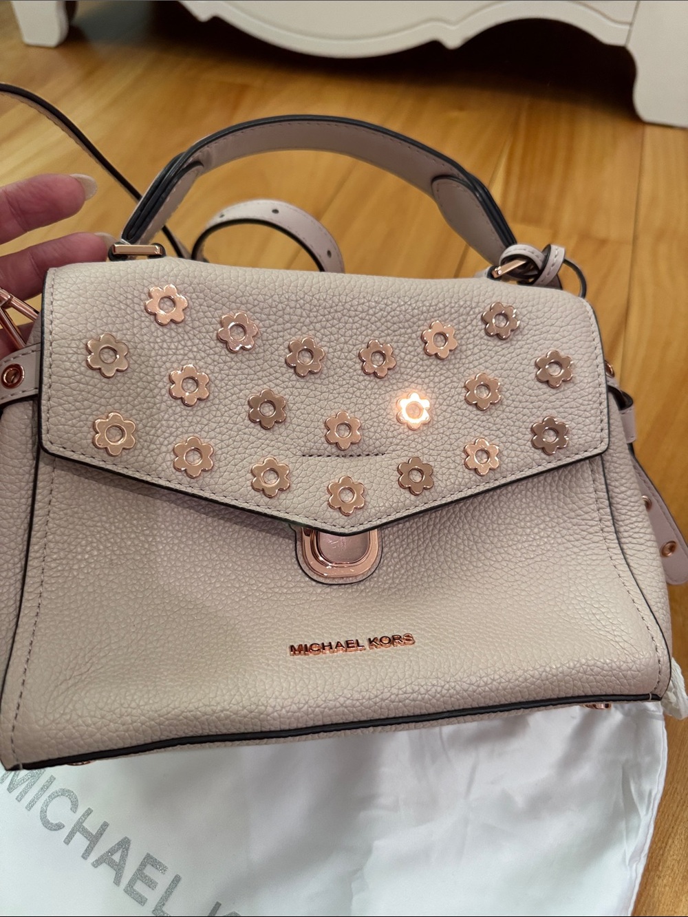 Michael Kors Cream Leather Top-Handle Satchel with Rose Gold Floral Studs